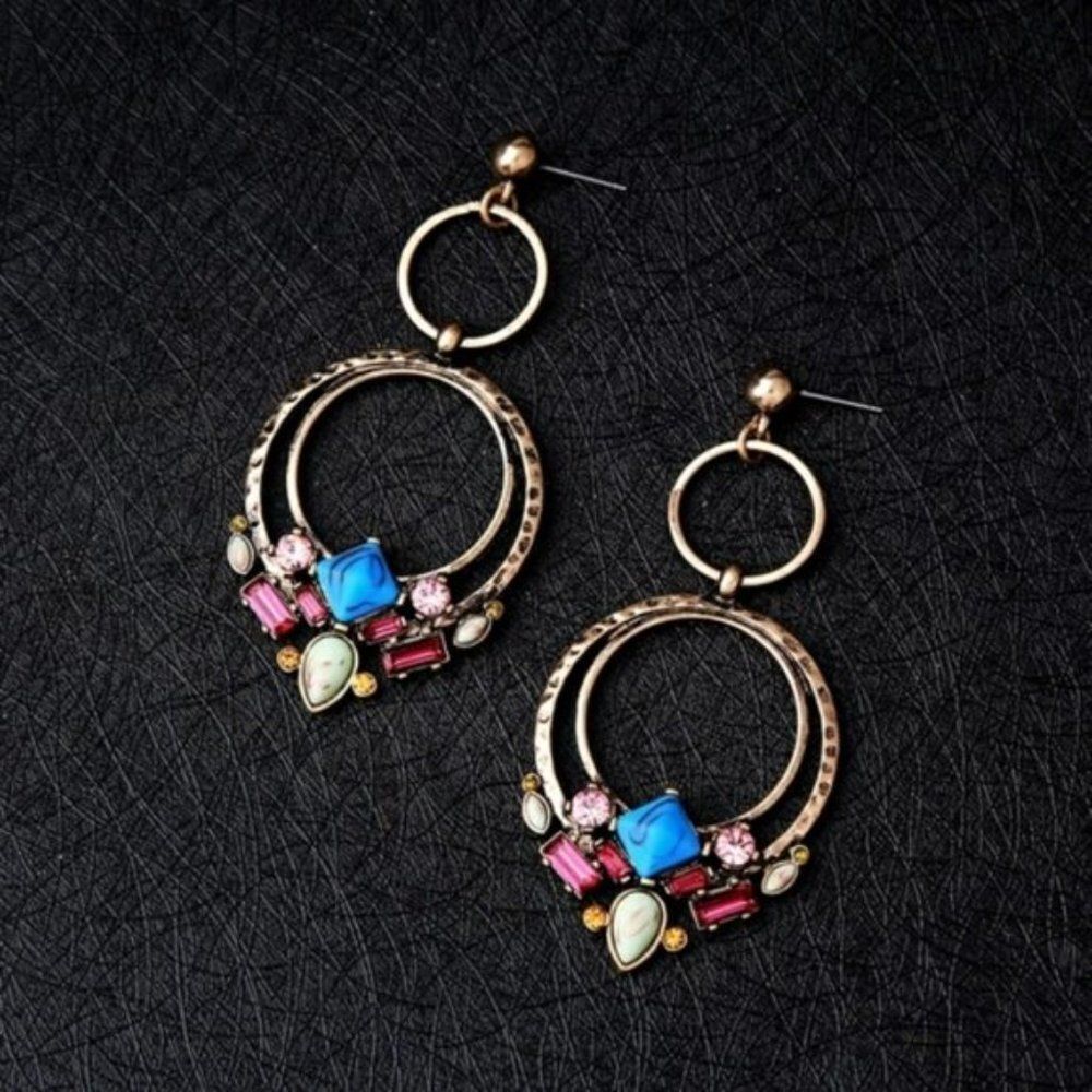 Turquoise Rhinestone Crystal Geometric Vintage Gold Dangle Statement Earrings - Picture 7 of 8